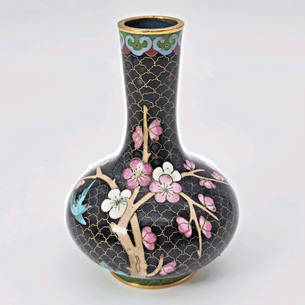 Vintage Chinese Cloisonné Vase Black Enamel Floral Cherry Blossom 5